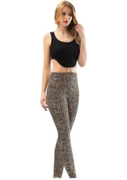 Kadın Leopar Desenli Uzun Penye Pamuklu Tayt Büstiyer Takım
