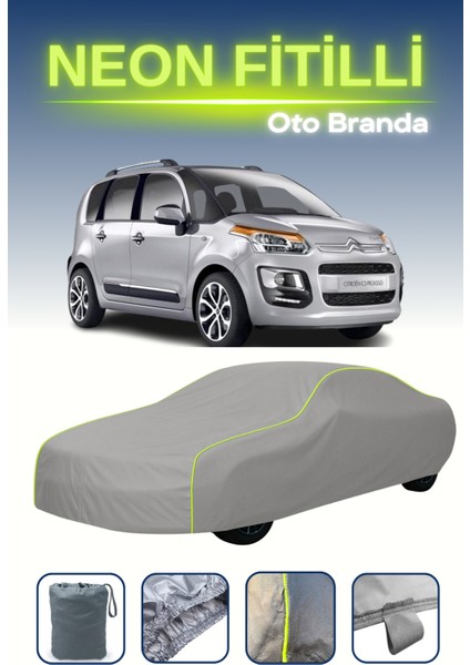 Gri [citroen C3 Picasso 2013 - 2021] Uyumlu Neon Fitilli Araba Brandası, Su ve Toz Geçirmez