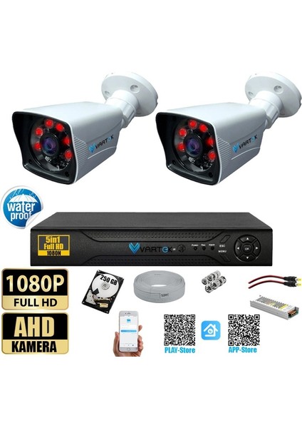 2 Kameralı 5mp Lensli 1080P Fullhd Kamera Seti - Su Gecirmez- Sabit Ip Gerektirmez