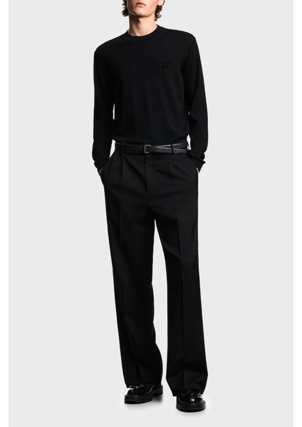 Logolu % 100 Yün Regular Fit Bisiklet Yaka Kazak Erkek Kazak EM002419 AF14158 UC001 fiyatları