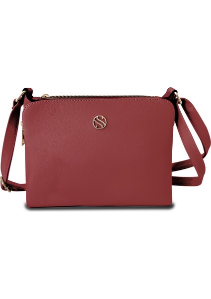 Kadın Suni Deri Ayarlanabilir Çapraz Askılı 4 Bölmeli ve Metal Fermuarlı Omuz Çantası Bordo