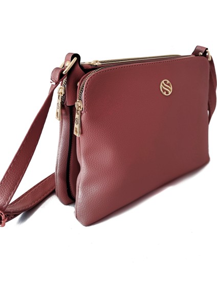 Kadın Suni Deri Ayarlanabilir Çapraz Askılı 4 Bölmeli ve Metal Fermuarlı Omuz Çantası Bordo modelleri