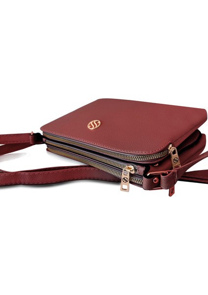 Kadın Suni Deri Ayarlanabilir Çapraz Askılı 4 Bölmeli ve Metal Fermuarlı Omuz Çantası Bordo fırsatları