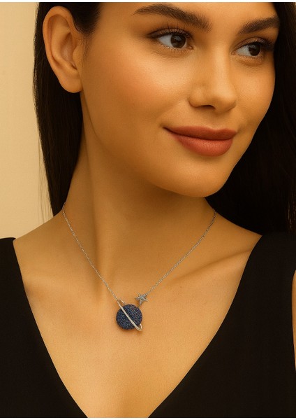 Gezegen Kolye Mavi Taşlı Gümüş Kadın Kolye