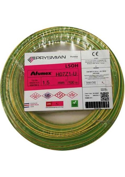 1,5mm Sarı Yeşil Nya Tek Telli Yanmaz Halojen Free Topraklama Kablo- H07Z1-U