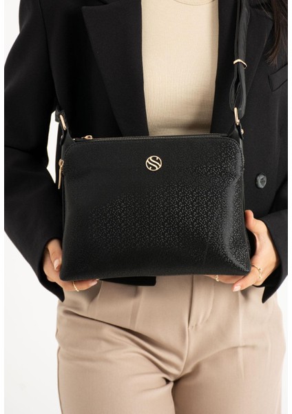 Kadın Suni Deri Ayarlanabilir Çapraz Askılı 4 Bölmeli ve Metal Fermuarlı Omuz Çantası Siyah Mozaik