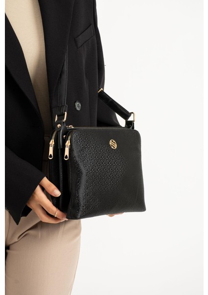 Kadın Suni Deri Ayarlanabilir Çapraz Askılı 4 Bölmeli ve Metal Fermuarlı Omuz Çantası Siyah Mozaik fiyatları