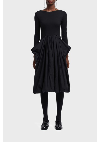 Slim Fit Kayık Yaka Pileli Midi Boy Elbise Bayan Elbise EW002782 AF12303 UC001