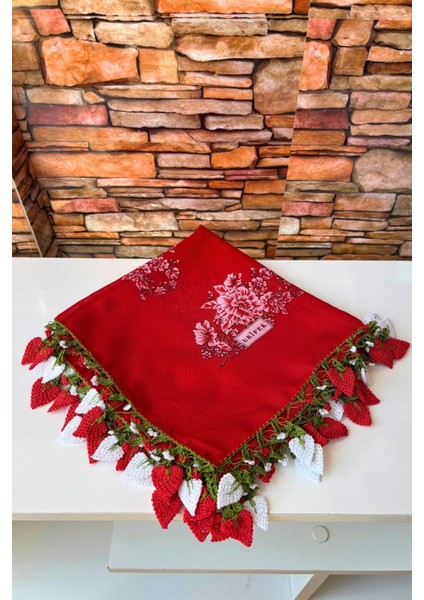 Anne-Kadın Çilek Oyalı El Işi Eşarp Tülbent Yazma