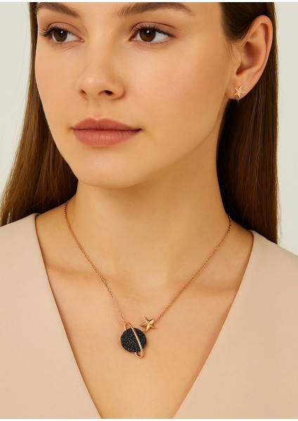 Rose Renk Gezegen Kolye Siyah Taşlı Gümüş Kadın Kolye