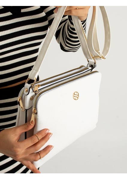 Kadın Suni Deri Ayarlanabilir Çapraz Askılı 4 Bölmeli ve Metal Fermuarlı Omuz Çantası Beyaz fiyatları