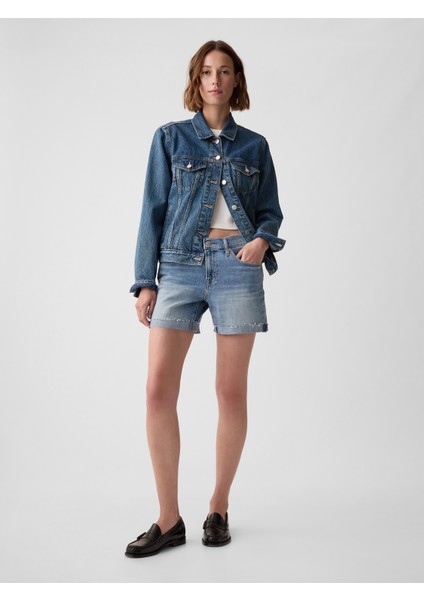Kadın Koyu Mavi 5" Mid Rise Denim Girlfriend Şort