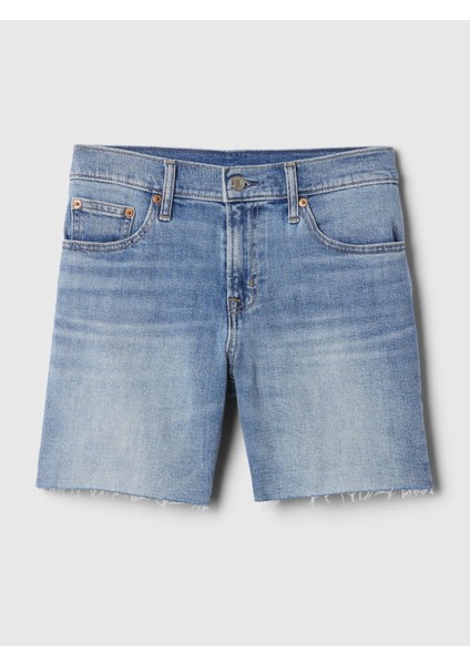 Kadın Koyu Mavi 5" Mid Rise Denim Girlfriend Şort