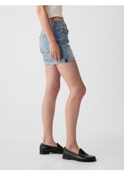 Kadın Koyu Mavi 5" Mid Rise Denim Girlfriend Şort