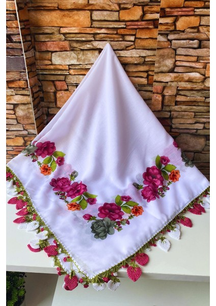 Anne-Kadın Çilek Oyalı El Işi Eşarp Tülbent Yazma fiyatları