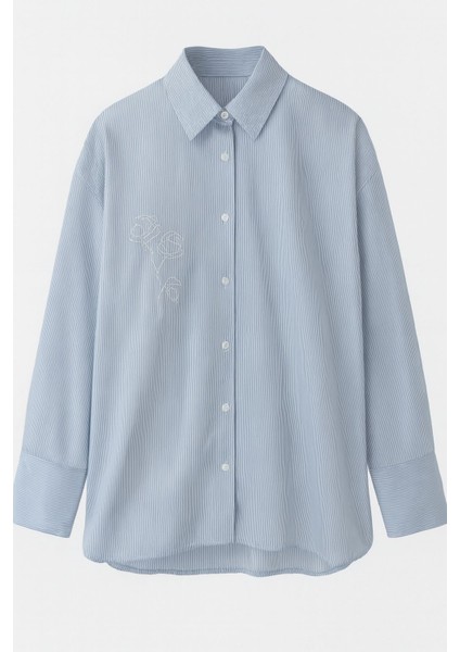 Standart Beden Oversize Çizgili Nakış Detaylı Gömlek fiyatları