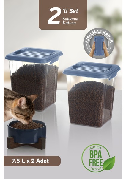 2'li Mega 7,5l Kedi Köpek Kuru Mama Saklama Kabı - Kilit Kapak Çok Amaçlı Düzenleyici Saklama Kutusu