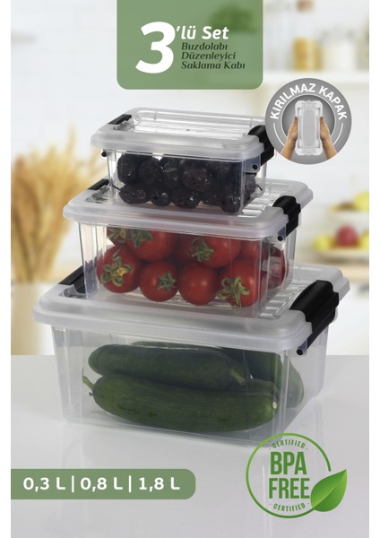 3'lü Set Çok Amaçlı Kilit Kapaklı Saklama Kabı - Buzdolabı Düzenleyici Saklama Kutusu 0,3-0,8-1,8 Lt