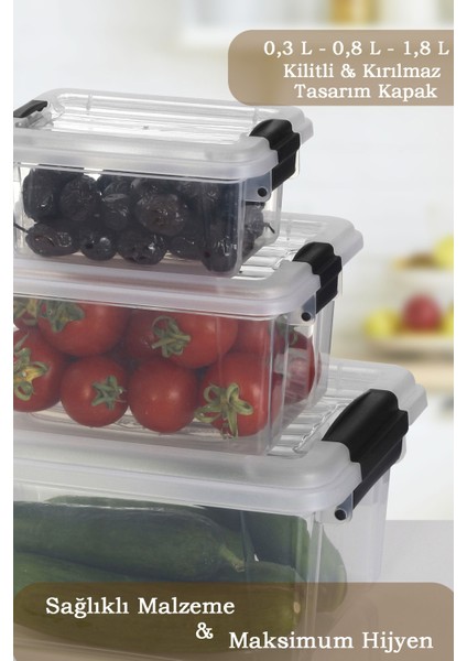 3'lü Set Çok Amaçlı Kilit Kapaklı Saklama Kabı - Buzdolabı Düzenleyici Saklama Kutusu 0,3-0,8-1,8 Lt fiyatları