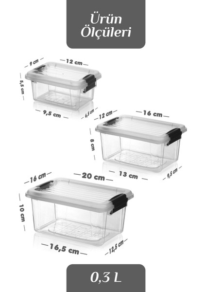 3'lü Set Çok Amaçlı Kilit Kapaklı Saklama Kabı - Buzdolabı Düzenleyici Saklama Kutusu 0,3-0,8-1,8 Lt fırsatları