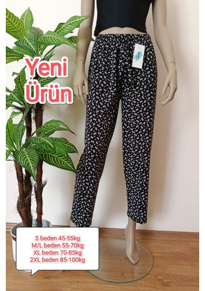 Kadın Siyah Çiçekli Baskılı Pamuklu Penye Pijama Altı