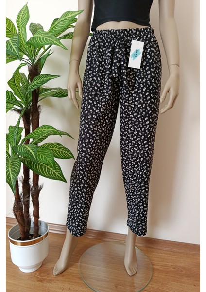 Kadın Siyah Çiçekli Baskılı Pamuklu Penye Pijama Altı