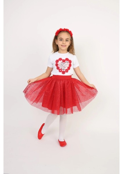 Simli Kırmızı Etek Kalpli T-Shırt Kız Çocuk Alt-Üst Takım 23 Nisan 19 Mayıs 29 Ekim Gösteri Kıyafetleri