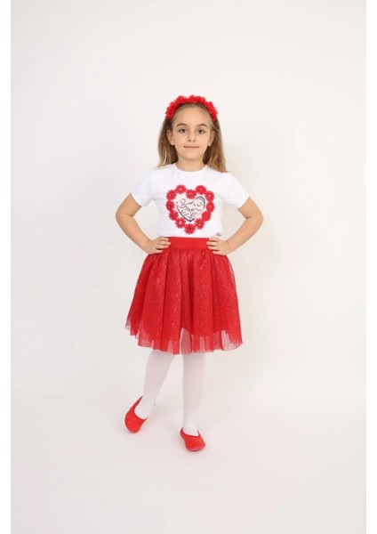 Simli Kırmızı Etek Kalpli T-Shırt Kız Çocuk Alt-Üst Takım 23 Nisan 19 Mayıs 29 Ekim Gösteri Kıyafetleri modelleri