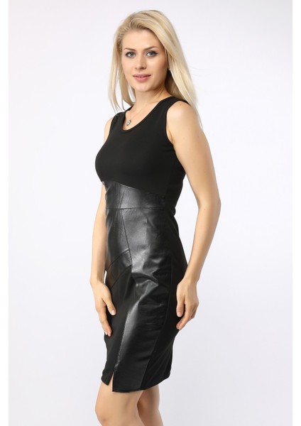 Günlük Deri Detaylı Kolsuz Kadın Elbise