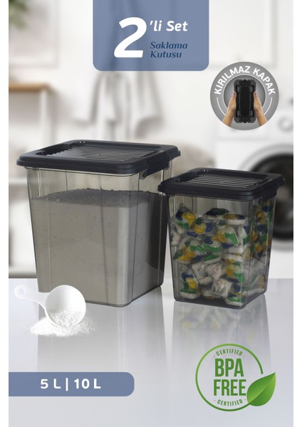 2'li Set 5-10L Kilit Kapak Saklama Kutusu Deterjanlık - Un Bakliyat Erzak Saklama Kabı Organizer Box