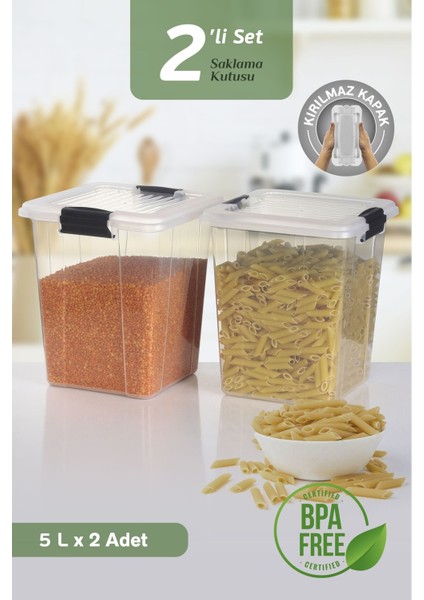 2'li Organizer Box 5l Un Bakliyat Erzak Kabı - Kilit Kapaklı Düzenleyici Deterjanlık Saklama Kutusu