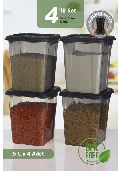 4'lü Organizer Box 5 L Un Bakliyat Erzak Kabı - Kilit Kapaklı Düzenleyici Deterjanlık Saklama Kutusu