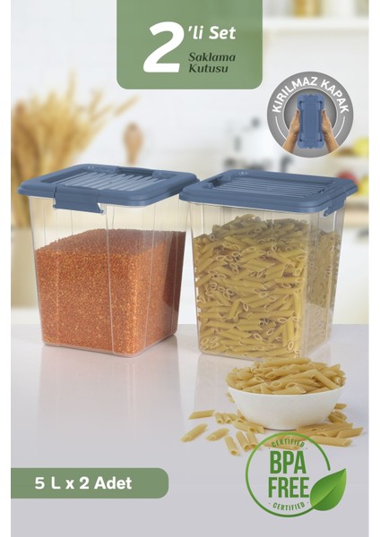 2'li Organizer Box 5l Un Bakliyat Erzak Kabı - Kilit Kapaklı Düzenleyici Deterjanlık Saklama Kutusu