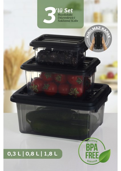 3'lü Set Çok Amaçlı Kilit Kapaklı Saklama Kabı - Buzdolabı Düzenleyici Saklama Kutusu 0,3-0,8-1,8 Lt