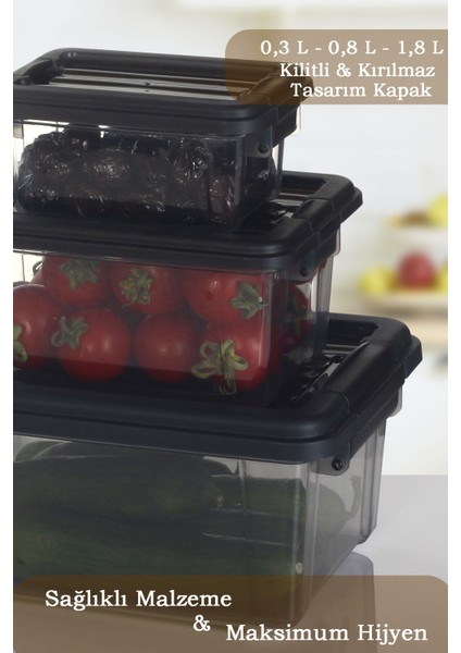 3'lü Set Çok Amaçlı Kilit Kapaklı Saklama Kabı - Buzdolabı Düzenleyici Saklama Kutusu 0,3-0,8-1,8 Lt fiyatları
