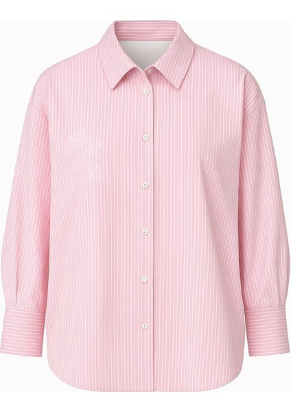 Standart Beden Oversize Çizgili Nakış Detaylı Gömlek modelleri