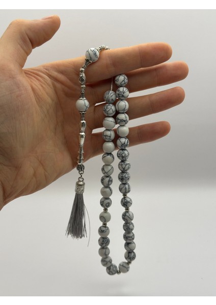 El Yapımı Doğal Magnesit Taş Tesbih – Beyaz, 33’lü, 10MM Boncuk, Gümüş Ay Yıldız Motifli İmame fırsatları