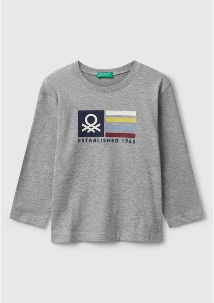 Erkek Çocuk Organik Pamuklu Önü Logo Baskılı Uzun Kollu Jarse T-Shirt