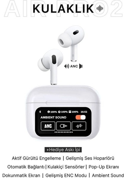 Dokunmatik OLED Ekranlı Air Pro 2 Bluetooth Kulaklık Anc/enc Tüm Modlar Aktif Bluetooth Kulaklık