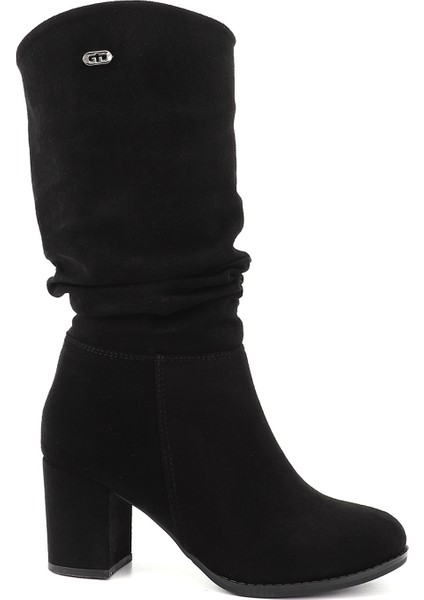 Kadın Siyah Deri Yuvarlak Burun Körüklü Kalın Topuklu Çizme