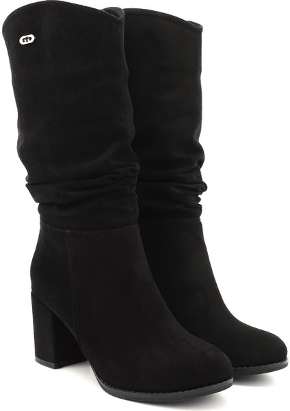 Kadın Siyah Deri Yuvarlak Burun Körüklü Kalın Topuklu Çizme fiyatları