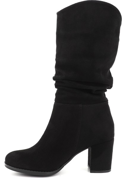 Kadın Siyah Deri Yuvarlak Burun Körüklü Kalın Topuklu Çizme indirimleri