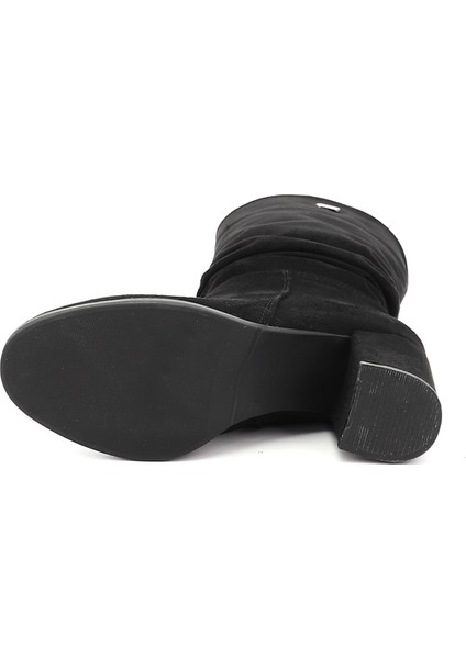 Kadın Siyah Deri Yuvarlak Burun Körüklü Kalın Topuklu Çizme