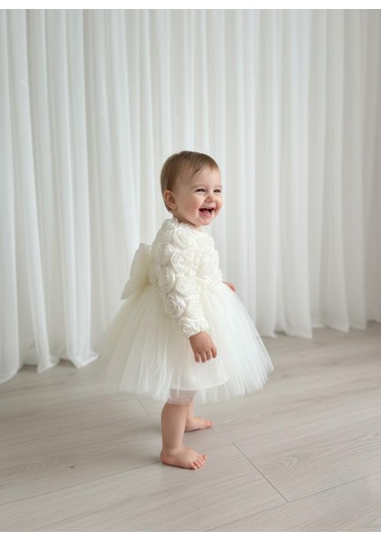 Kız Bebek Gül Desenli Fiyonk Lu Şık Özel Gün Abiye Elbise