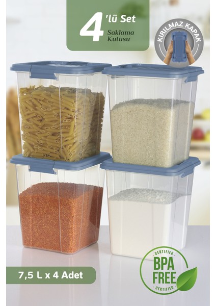 4'lü Organizer Box 7,5 L Un Bakliyat Erzak Kabı Kilit Kapaklı Düzenleyici Deterjanlık Saklama Kutusu
