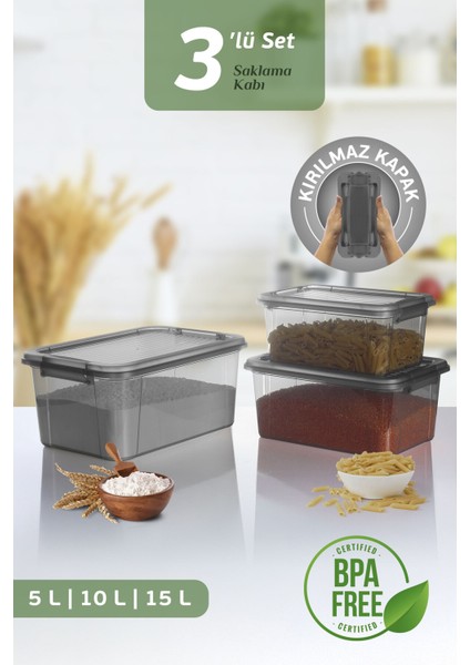 3'lü Organizer Box 5-10-15L Saklama Kabı - Çok Amaçlı Düzenleyici Kilit Kapak Derin Saklama Kutusu