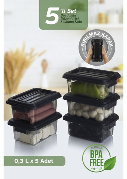 5'li Set Kahvaltılık Saklama Kabı 300 ml - Kilit Kapaklı Diyet Beslenme Kabı Lunch Box 5X300 ml
