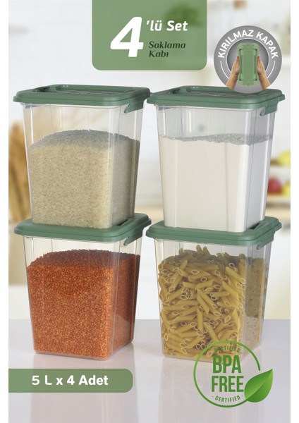 4'lü Organizer Box 5 L Un Bakliyat Erzak Kabı - Kilit Kapaklı Düzenleyici Deterjanlık Saklama Kutusu