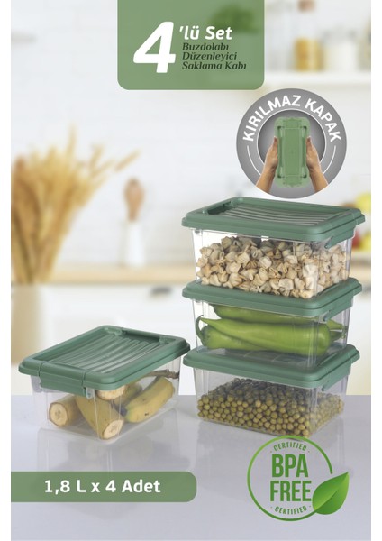 4'lü Set - 1800 ml Kilit Kapaklı Erzak Saklama Kabı Difriz Buzdolabı Düzenleyici Saklama Kutusu Mint