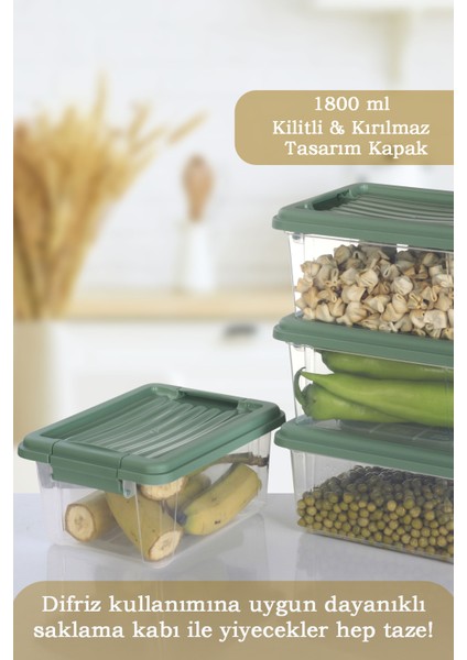 4'lü Set - 1800 ml Kilit Kapaklı Erzak Saklama Kabı Difriz Buzdolabı Düzenleyici Saklama Kutusu Mint fiyatları